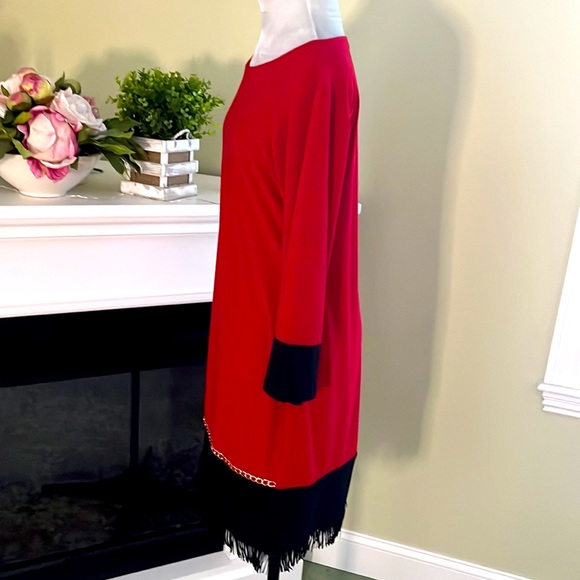 SIGNATURE CAMRYN Fringed Hem Red & Black ColorBlock Dress L NWOT - Picture 8 of 11